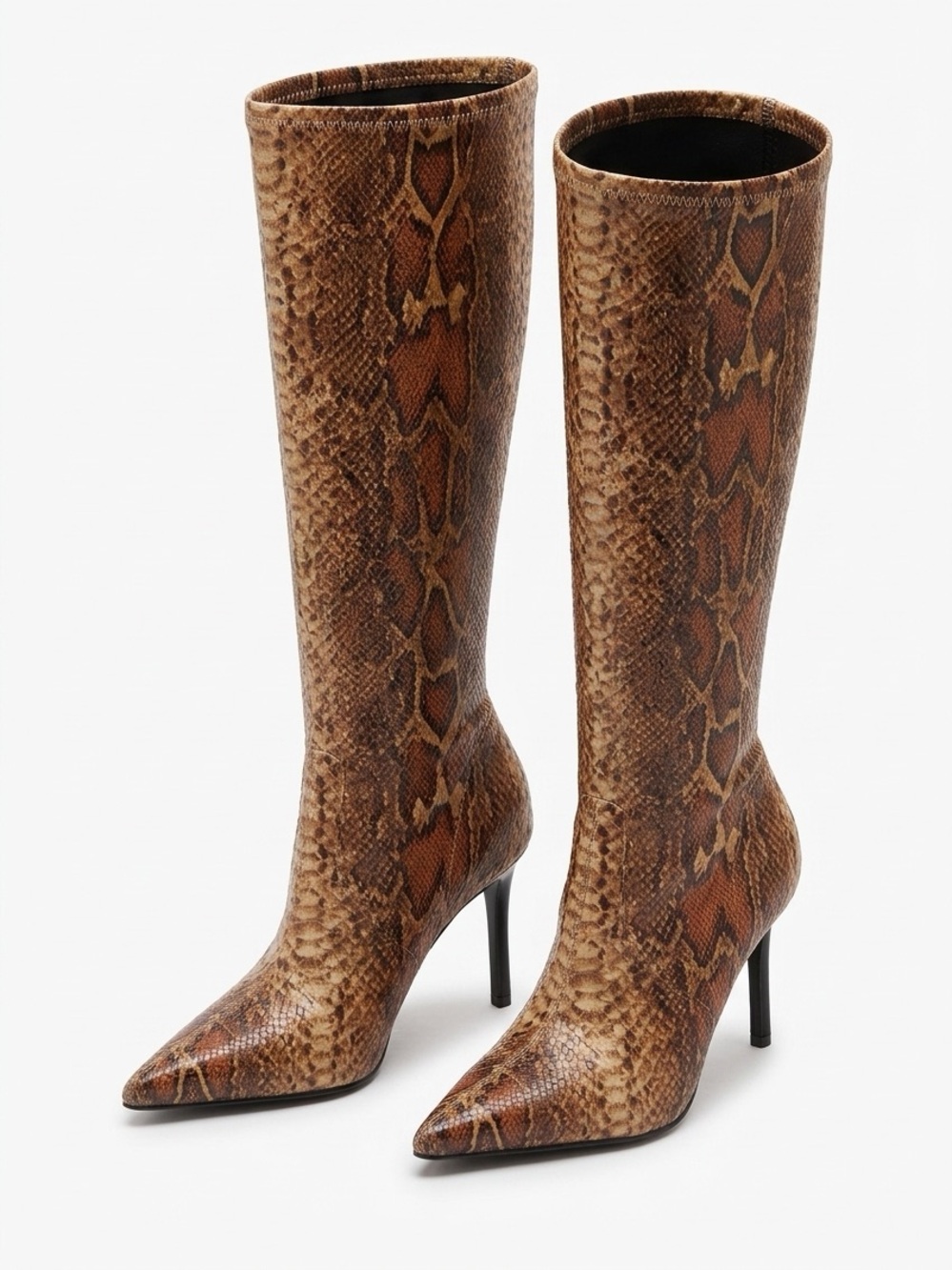 Knee-High Pointed Toe Snake-Print Stiletto Boots - Brown festival Y2K
